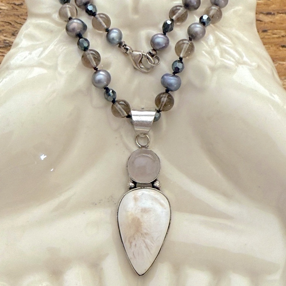 Gemstone Beaded Necklace with Scolecite and Rose Quartz 925 Silver Pendant